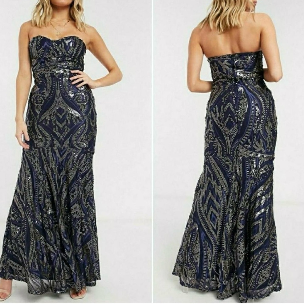 Club L London Blue and Silver Sequin Strapless Gown